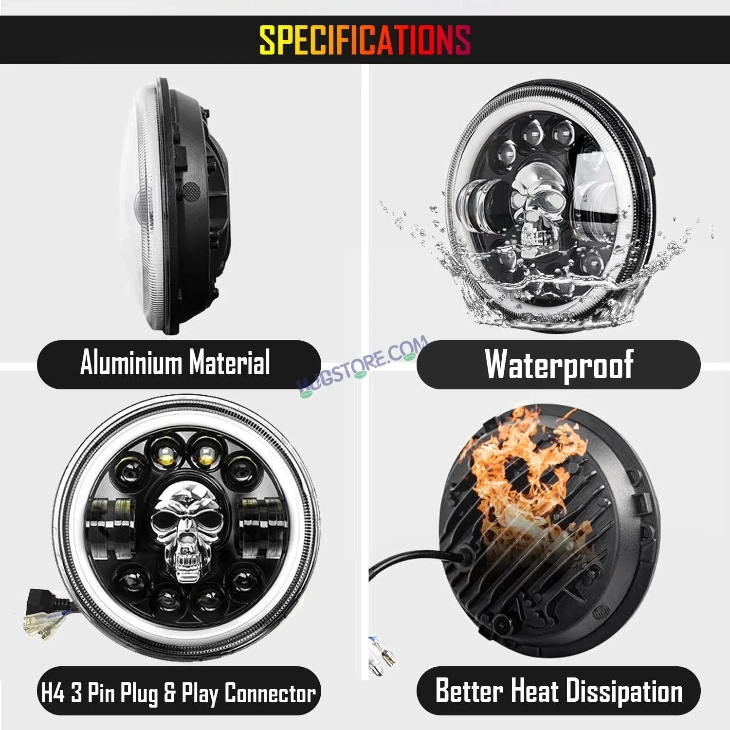 HJG 7 Inch Harley Skull Round Led Headlight Fits in Royal Enfield All Models, Mahindra Thar (12V-80V 75w) - Image 3