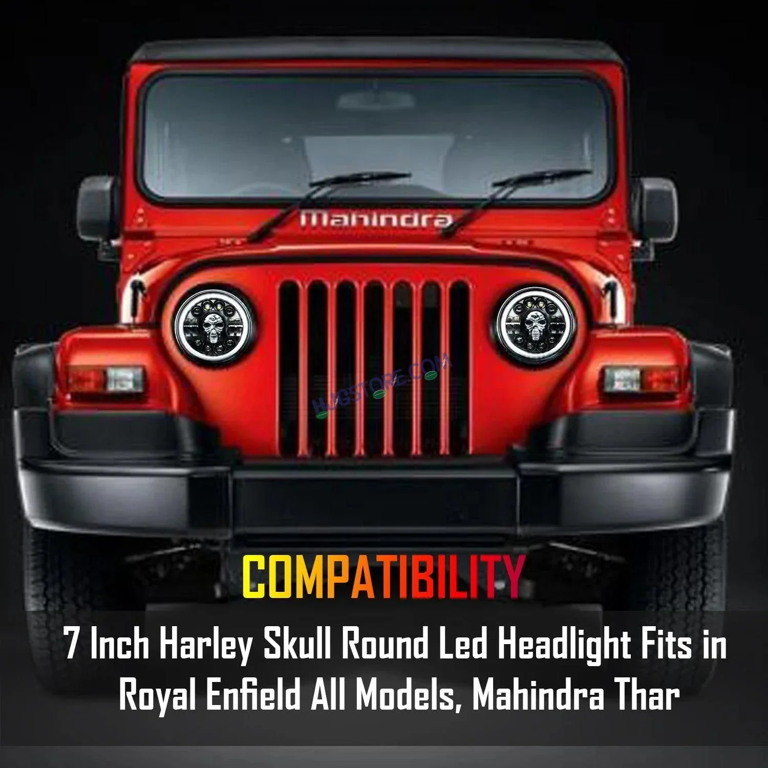 HJG 7 Inch Harley Skull Round Led Headlight Fits in Royal Enfield All Models, Mahindra Thar (12V-80V 75w) - Image 6