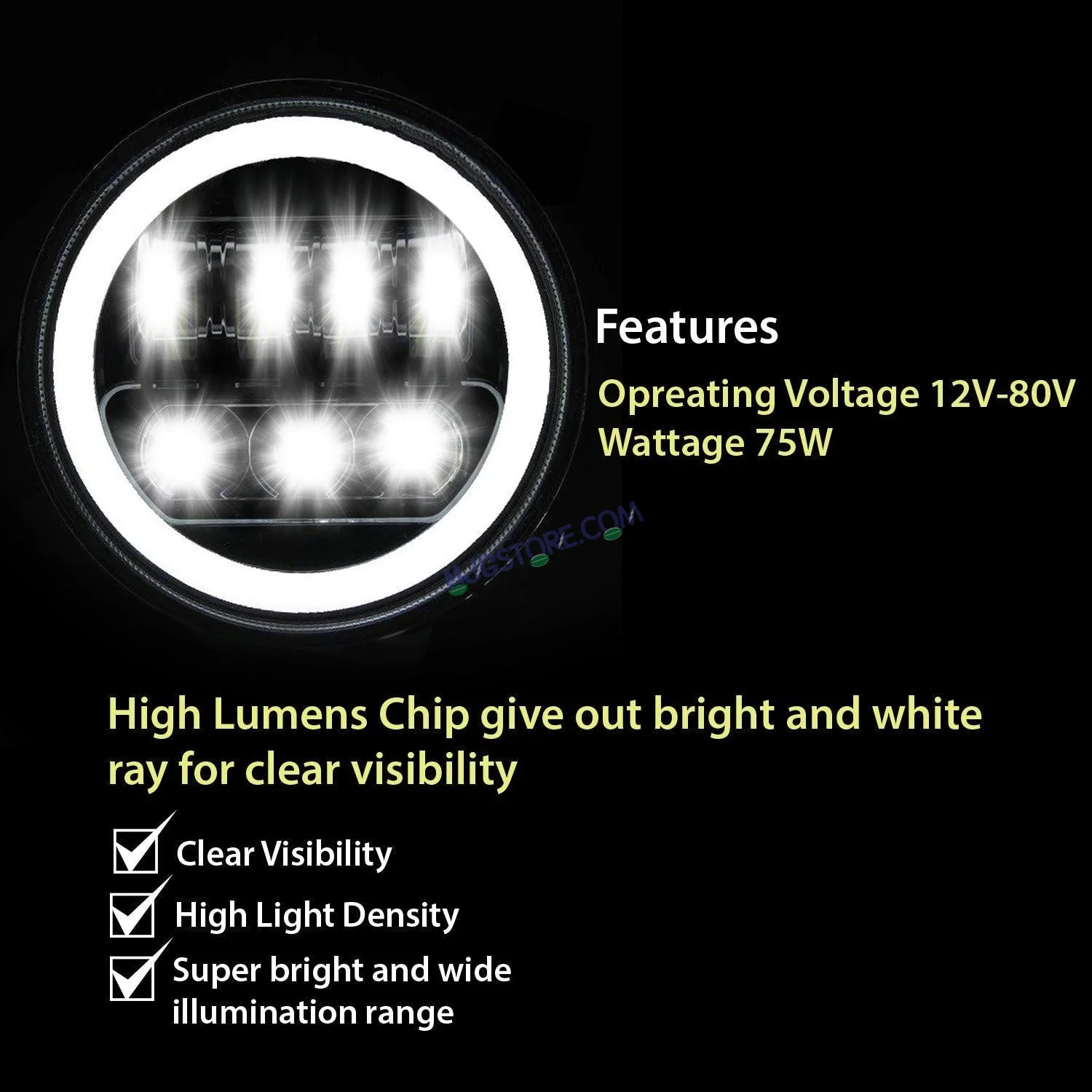 HJG 7 Inch New Round LED Headligh Fits in Jawa with High Beam, Low Beam (12V-80V 75W) - Image 3