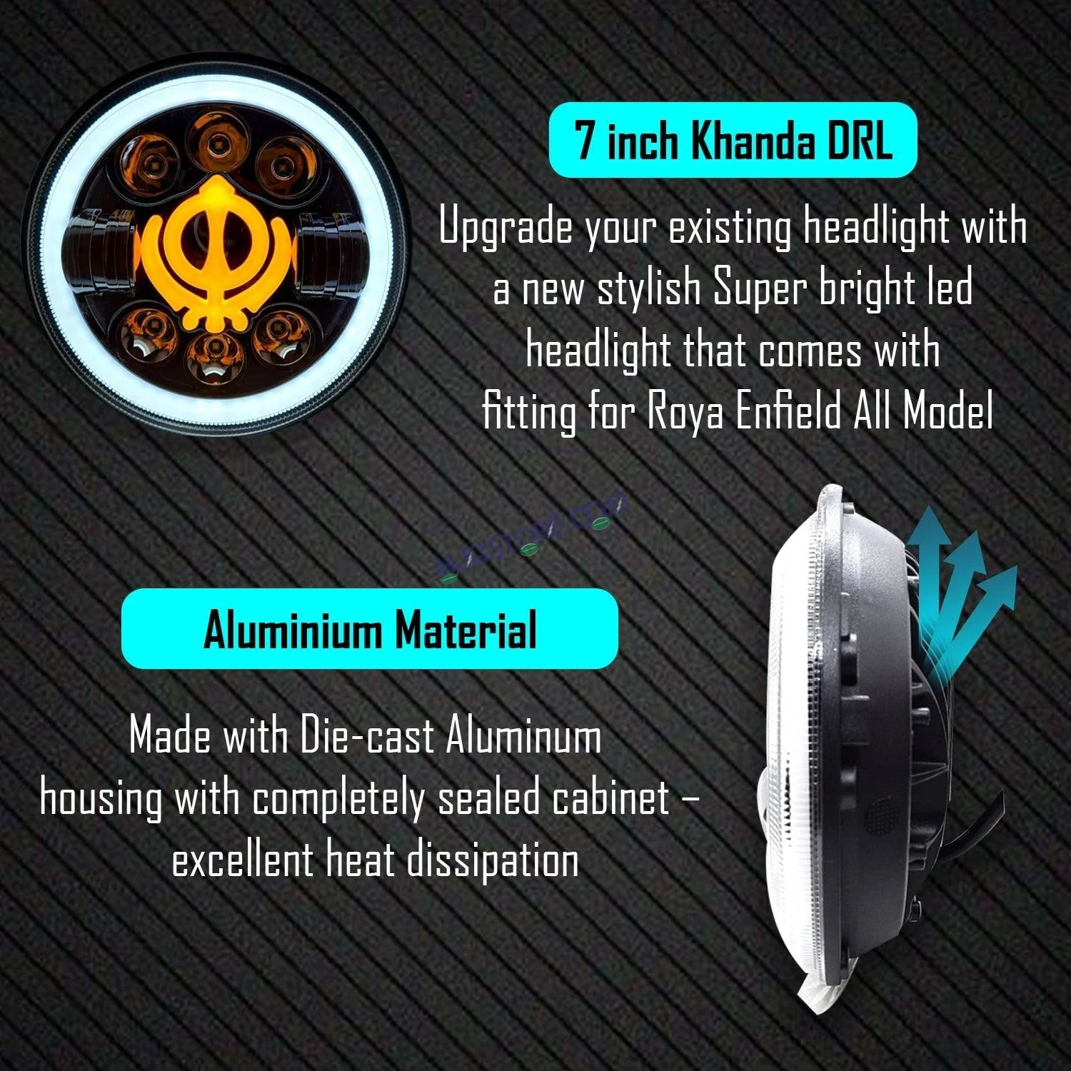 HJG 7 Inch Round Headlight Compatible with Royal Enfield, Jeep & Harley Davidson (Khanda DRL) (12V-80V 75W) - Image 4
