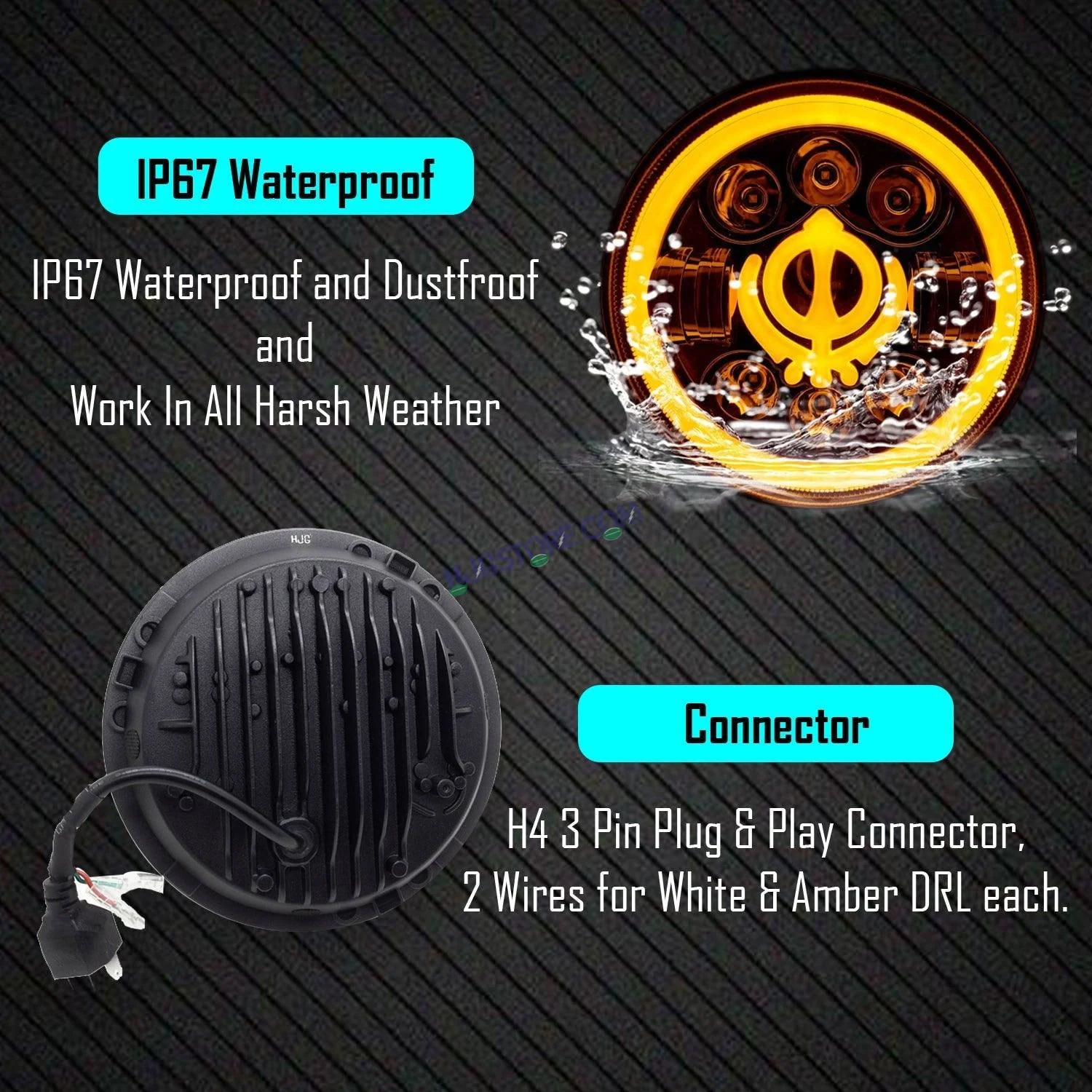 HJG 7 Inch Round Headlight Compatible with Royal Enfield, Jeep & Harley Davidson (Khanda DRL) (12V-80V 75W) - Image 5