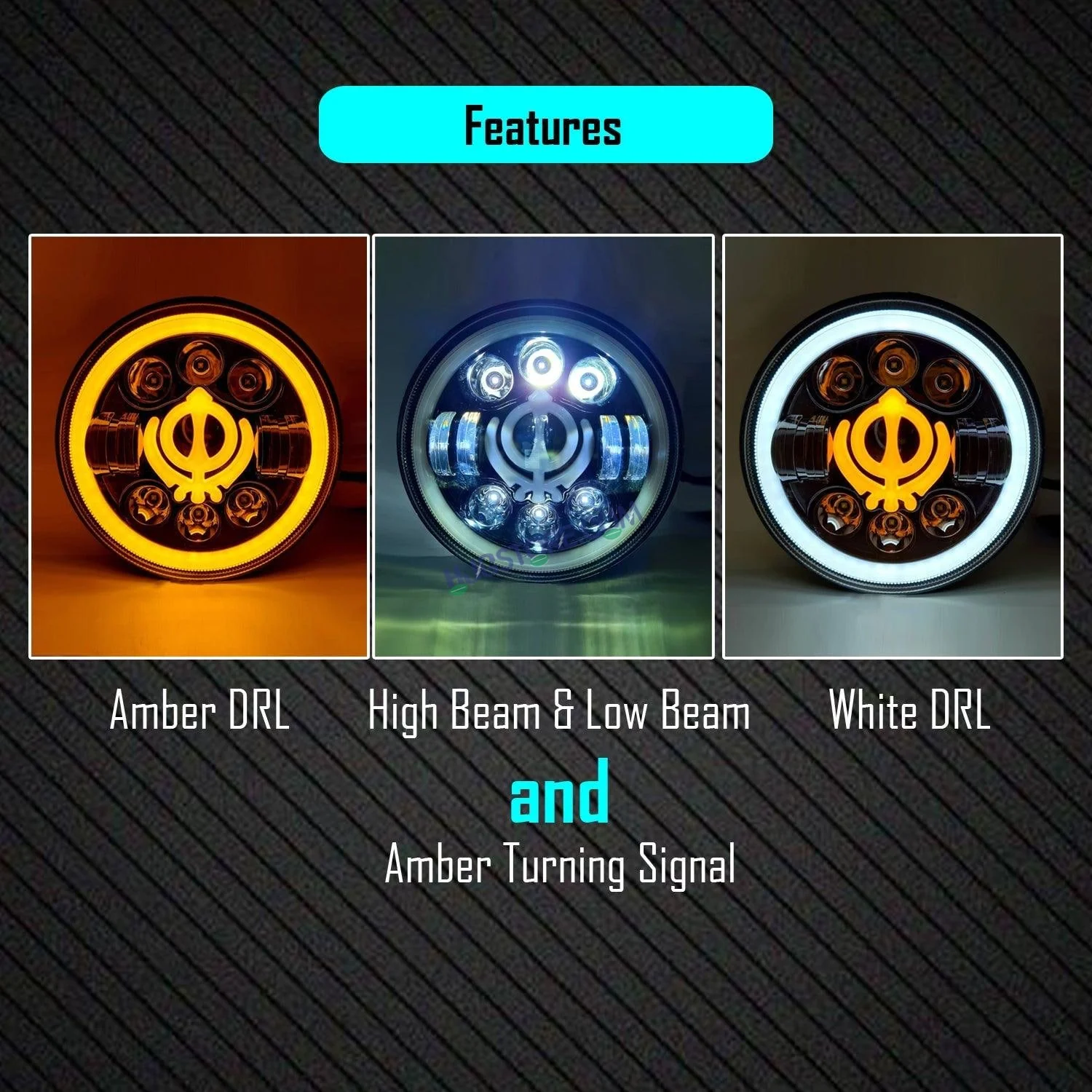 HJG 7 Inch Round Headlight Compatible with Royal Enfield, Jeep & Harley Davidson (Khanda DRL) (12V-80V 75W) - Image 6